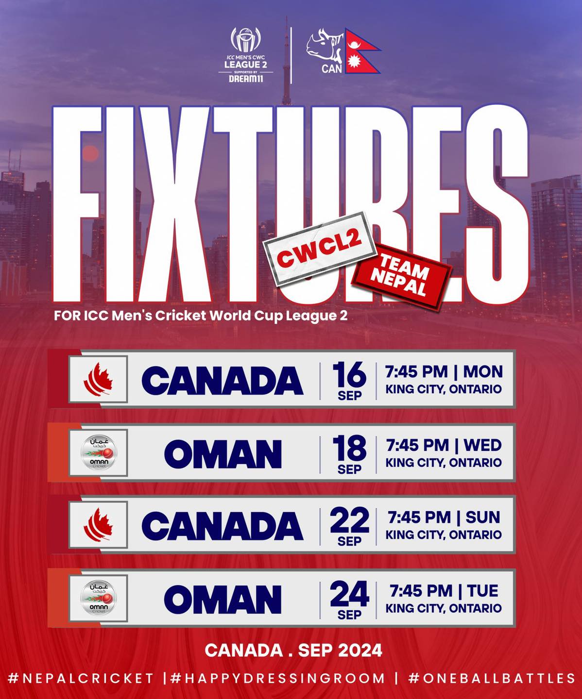 नेपाल,ओमान र क्यानडाको सिरिजः कुन खेल कहिले ?
