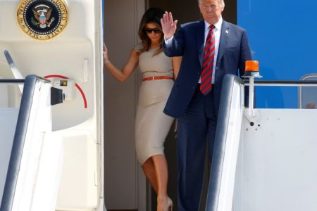 U.S. President Donald Trump and First Lady Melania Trump arrive aboard Air Force One, for their first official visit to Britain, at Stansted Airport, Britain, July 12, 2018. REUTERS/Henry Nicholls - RC13C4AADEE0