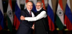 epa09625575 Indian Prime Minister Narendra Modi (R) and Russian President Vladimir Putin pose for a photo prior to a meeting in New Delhi, India 06 December 2021. Putin arrived in India to attend the 21st India-Russia annual summit 2021.  EPA-EFE/HARISH TYAGI