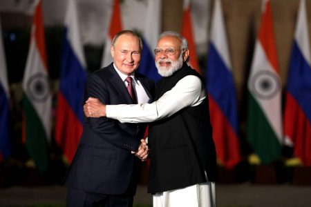 epa09625575 Indian Prime Minister Narendra Modi (R) and Russian President Vladimir Putin pose for a photo prior to a meeting in New Delhi, India 06 December 2021. Putin arrived in India to attend the 21st India-Russia annual summit 2021.  EPA-EFE/HARISH TYAGI