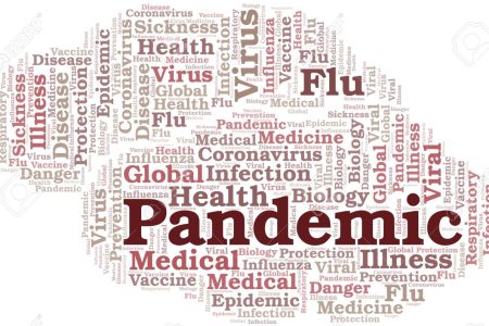 Pandemic word cloud on white background. Wordcloud made with text only.