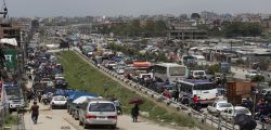 Vehicles stuck in a traffic jam at Lokanthali-Koteshwor road section of Araniko Highway during the nationwide strike of public vehicle by transportation entrepreneurs association in Bhaktapur on Friday, May 4, 2018.
Photo: Dipesh Shrestha/Nagarik/Republica