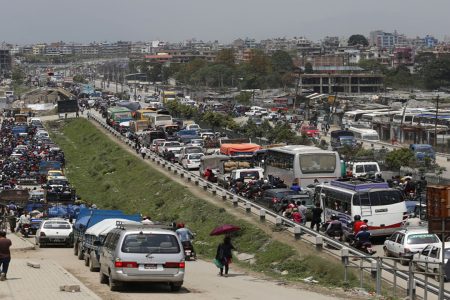 Vehicles stuck in a traffic jam at Lokanthali-Koteshwor road section of Araniko Highway during the nationwide strike of public vehicle by transportation entrepreneurs association in Bhaktapur on Friday, May 4, 2018.
Photo: Dipesh Shrestha/Nagarik/Republica