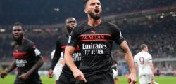AC Milan's Olivier Giroud celebrates after scoring his side's opening goal during a Serie A soccer match between AC Milan and Torino, at the San Siro stadium, in Milan, Italy, Tuesday, Oct. 26, 2021. (AP Photo/Luca Bruno)