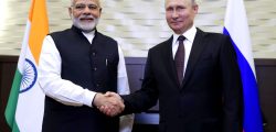 SOCHI, RUSSIA - MAY 21, 2018: India's Prime Minister Narendra Modi (L) and Russia's President Vladimir Putin shake hands during a meeting. Mikhail Metzel/TASS (Photo by Mikhail MetzelTASS via Getty Images)