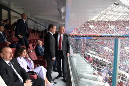 MOSCOW, RUSSIA - JUNE 14:  President Vladimir Putin and Prime Minister Dmitry Medvedev attend the opening ceremony prior to the 2018 FIFA World Cup Russia Group A match between Russia and Saudi Arabia at Luzhniki Stadium on June 14, 2018 in Moscow, Russia.  (Photo by Pool/Getty Images)
