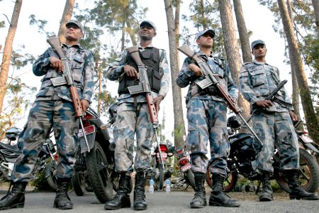 Armed police force guarding inside resort premises where  top-level meeting of the big three parties on Wednesday. The meeting ended without conclusion.

POST PHOTO:KIRAN PANDAY/KANTIPUR