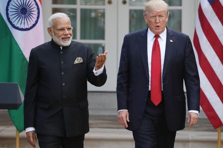 WASHINGTON, DC - JUNE 26:  U.S. President Donald Trump and Indian Prime Minister Narendra Modi walk up to deliver joint statements in the Rose Garden of the White House June 26, 2017 in Washington, DC. Trump and Modi met earlier today in the Oval Office to discuss a range of bilateral issues.  (Photo by Mark Wilson/Getty Images)