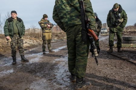 Pro-Russian rebel fighters at a front-line position in Gorlovka, Ukraine, Jan. 31, 2015. Pro-Russian rebels recently captured the airport in Donetsk, kicking off the fiercest round of combat in the region since last fall, and their mood on the front lines is upbeat these days. (Brendan Hoffman/The New York Times)
