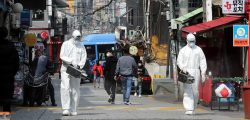Quarantine workers spray disinfectants at night spots of Itaewon neighborhood, following the coronavirus disease (COVID-19) outbreak, in Seoul, South Korea, May 11, 2020. Yonhap/via REUTERS ATTENTION EDITORS - THIS IMAGE HAS BEEN SUPPLIED BY A THIRD PARTY. SOUTH KOREA OUT. NO RESALES. NO ARCHIVE.