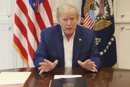 U.S. President Donald Trump, who is being treated for the coronavirus disease (COVID-19) in a military hospital outside Washington, speaks from his hospital room, in this still image taken from a video supplied by the White House, October 3, 2020. The White House/Handout via REUTERS THIS IMAGE HAS BEEN SUPPLIED BY A THIRD PARTY.