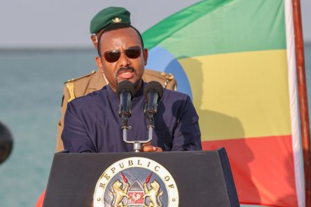 FILE PHOTO: Ethiopian Prime Minister Abiy Ahmed address the media after inspecting ongoing developments at the new 32-berth Lamu Port in Lamu County, Kenya December 9, 2020. Presidential Press Service/Handout via REUTERS THIS IMAGE HAS BEEN SUPPLIED BY A THIRD PARTY./File Photo