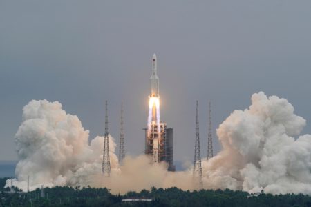FILE PHOTO: The Long March-5B Y2 rocket, carrying the core module of China's space station Tianhe, takes off from Wenchang Space Launch Center in Hainan province, China April 29, 2021. China Daily via REUTERS  ATTENTION EDITORS - THIS IMAGE WAS PROVIDED BY A THIRD PARTY. CHINA OUT./File Photo