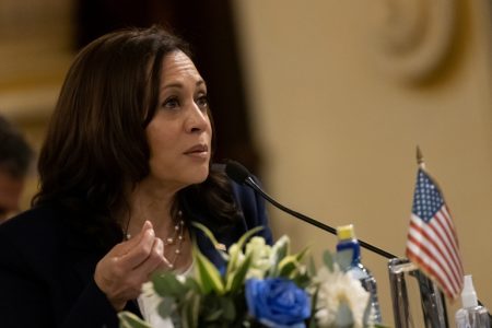 U.S. Vice President Kamala Harris attends a bilateral meeting with Guatemala's President Alejandro Giammattei (not pictured) at the Palacio Nacional de la Cultura, during Harris' first international trip as Vice President to Guatemala and Mexico, in Guatemala City, Guatemala, June 7, 2021. REUTERS/Carlos Barria