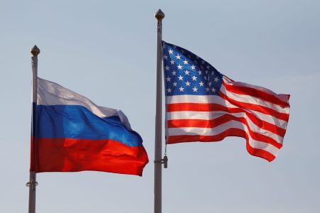 FILE PHOTO: National flags of Russia and the U.S. fly at Vnukovo International Airport in Moscow, Russia April 11, 2017.  REUTERS/Maxim Shemetov