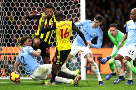 WATFORD, ENGLAND - DECEMBER 04:  Abdoulaye Doucoure of Watford scores his team's first goal during the Premier League match between Watford FC and Manchester City at Vicarage Road on December 4, 2018 in Watford, United Kingdom.  (Photo by Richard Heathcote/Getty Images)