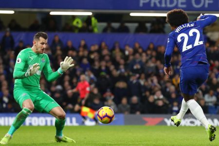 LONDON, ENGLAND - JANUARY 12:  Willian of Chelsea shoots wide during the Premier League match between Chelsea FC and Newcastle United at Stamford Bridge on January 12, 2019 in London, United Kingdom.  (Photo by Clive Rose/Getty Images)