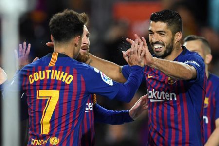 BARCELONA, SPAIN - JANUARY 13: Luis Suarez of FC Barcelona celebrates his team's first goal with team mates Lionel Messi and Philippe Coutinho (R-L) during the La Liga match between FC Barcelona and SD Eibar at Camp Nou on January 13, 2019 in Barcelona, Spain. (Photo by David Ramos/Getty Images)