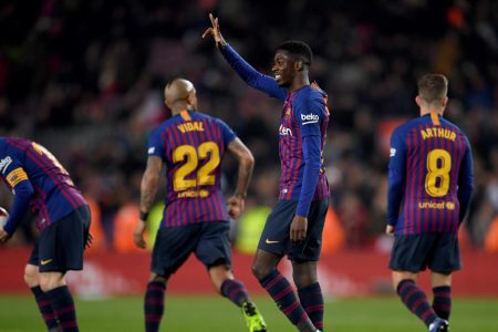 BARCELONA, SPAIN - JANUARY 17: Dembele of FC Barcelona celebrates his goal during the Copa del Rey Round of 16 match between FC Barcelona  and Levante at Nou Camp on January 17, 2019 in Barcelona, Spain. (Photo by David Ramos/Getty Images)
