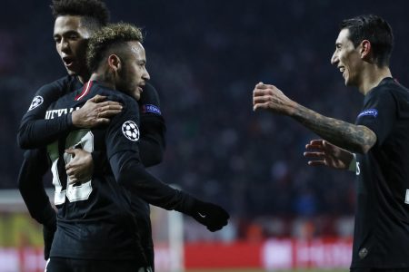 BELGRADE, SERBIA - DECEMBER 11: Neymar (C) of Paris Saint-Germain celebrates after scoring a goal with Thilo Kehrer (L) and Angel Di Maria (R) during the UEFA Champions League Group C match between Red Star Belgrade and Paris Saint-Germain at Rajko Mitic Stadium on December 11, 2018 in Belgrade, Serbia. (Photo by Srdjan Stevanovic/Getty Images)
