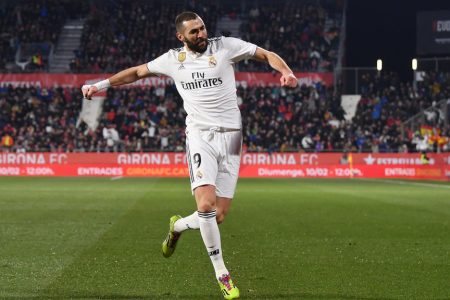 GIRONA, SPAIN - JANUARY 31: Karim Benzema of Real Madrid celebrates scoring to make it 1-0 during the Copa del Quarter Final match between Girona and Real Madrid at Montilivi Stadium on January 31, 2019 in Girona, Spain. (Photo by David Ramos/Getty Images )