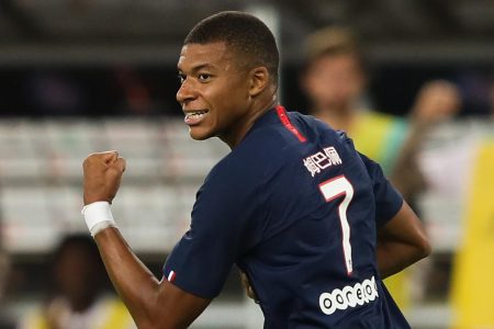 SHENZHEN, CHINA - AUGUST 03:  Kylian Mbappe of Paris Saint-Germain celebrates after scoring his team's goal during to the 2019 Trophee des Champions between Paris saint-Germain and Stade Rennais FC at Shenzhen Uniersiade Sports Center on August 3, 2019 in Shenzhen, China.  (Photo by Lintao Zhang/Getty Images)