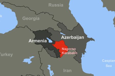 Armenia-Azerbaijan conflict in Nagorno-Karabakh on outline geographic map.