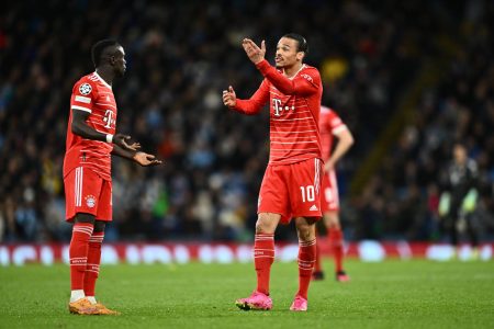 England, Manchester - 11 April 2023 - Leroy Sane and Sadio Mane of Bayern Munich during the UEFA Champions League quarter-final first leg match between Manchester City and FC Bayern Munich at Etihad stadium. Photo Sebastian Frej UEFA Champions League quarter-final first leg - Manchester City v FC Bayern Munich Copyright: xSebastianxFrejx