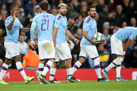 MANCHESTER, ENGLAND - OCTOBER 01: Raheem Sterling of Manchester City celebrates with teammates after scoring his team's first goal during the UEFA Champions League group C match between Manchester City and Dinamo Zagreb at Etihad Stadium on October 01, 2019 in Manchester, United Kingdom. (Photo by Alex Pantling/Getty Images)