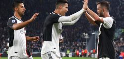 TURIN, ITALY - OCTOBER 19: Miralem Pjanic (R) of Juventus celebrates his goal with his team-mates Sami Khedira (L) and Cristiano Ronaldo (C) during the Serie A match between Juventus and Bologna FC at Allianz Stadium on October 19, 2019 in Turin, Italy. (Photo by Marco Luzzani/Getty Images)
