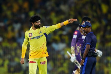 Ravindra Jadeja of Chennai Superkings celebrating the wicket of Venkatesh Iyer of Kolkata Knight Riders during match 22 of the Indian Premier League season 17 (IPL 2024) between Chennai Super Kings and Kolkata Knight Riders held at the MA Chidambaram Stadium, Chennai on the 8th April  2024.

Photo by Saikat Das / Sportzpics for IPL
