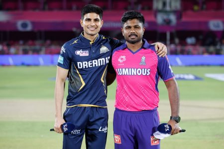 Shubman Gill (c) of Gujarat Titans and Sanju Samson (c) of Rajasthan Royals at toss during match 24 of the Indian Premier League season 17 (IPL 2024) between Rajasthan Royals and Gujarat Titans held at the Sawai Mansingh Stadium, Jaipur on the 10th April 2024.

Photo by Deepak Malik / Sportzpics for IPL
