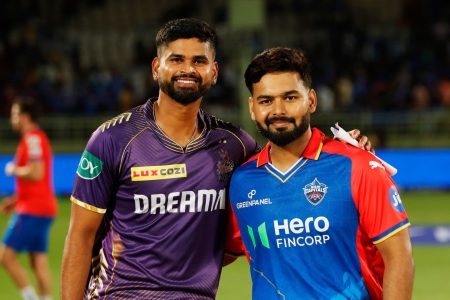Rishabh Pant of Delhi Capitals and Shreyas Iyer (c) of Kolkata Knight Rider during match 16 of the Indian Premier League season 17 (IPL 2024) between Delhi Capitals and Kolkata Knight Riders  held at the Dr YS Rajasekhara Reddy ACA-VDCA Cricket Stadium, Visakhapatnam on the 3rd April 2024.

Photo by Saikat Das / Sportzpics for IPL