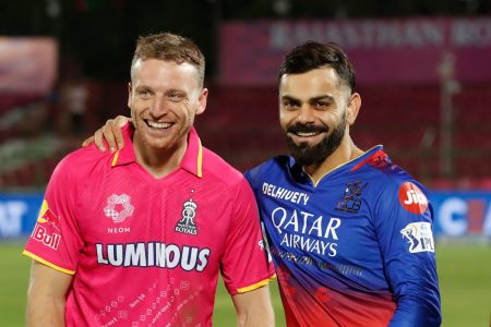 Jos Buttler of Rajasthan Royals  and Virat Kohli of Royal Challengers Bangalore during match 19 of the Indian Premier League season 17 (IPL 2024) between Rajasthan Royals and Royal Challengers Bangalore held at the Sawai Mansingh Stadium, Jaipur on the 6th April 2024.

Photo by Arjun Singh / Sportzpics for IPL