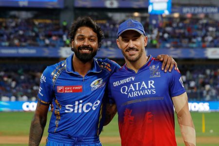 Hardik Pandya (c) of Mumbai Indians and Faf Du Plessis (c) of Royal Challengers Bangalore during match 25 of the Indian Premier League season 17 (IPL 2024) between Mumbai Indians and Royal Challengers Bangalore held at the Wankhede Stadium, Mumbai on the 11th April 2024.

Photo by Saikat Das / Sportzpics for IPL
