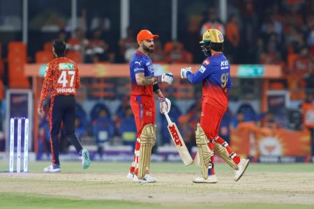 Virat Kohli of Royal Challengers Bangalore and Rajat Patidar of Royal Challengers Bangalore during match 41 of the Indian Premier League season 17 (IPL 2024) between Sunrisers Hyderabad and Royal Challengers Bangalore held at the Rajiv Gandhi International Stadium, Hyderabad on the 25th April 2024.

Photo by Vipin Pawar / Sportzpics for IPL