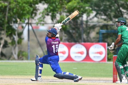 Gulshan Kumar Jha of Nepal plays a shot during the ACC Men's Premier Cup 2024 Group A match between Nepal and Saudi Arabia held at the Al Amerat Cricket Ground Oman Cricket (Turf 2), Muscat, Oman on April 17, 2024.

Photo by: Anshuman Akash / Creimas / Asian Cricket Council

RESTRICTED TO EDITORIAL USE