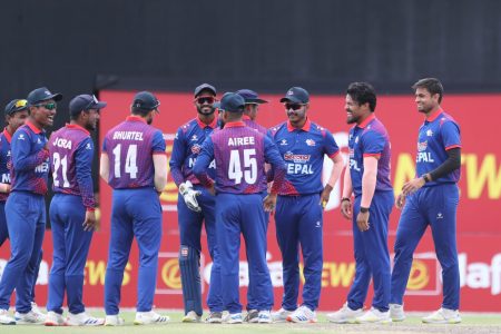 Karan KC of Nepal celebrates the wicket of  Martin Coetzee Hong Kong, China during the ACC Men's Premier Cup 2024 Group A match between Nepal and Hong Kong, China held at the Al Amerat Cricket Ground Oman Cricket (Turf 1), Oman on April 15, 2024.

Photo by: Pankaj Nangia / Creimas / Asian Cricket Council

RESTRICTED TO EDITORIAL USE