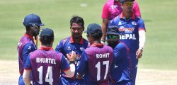 Lalit Narayan Rajbanshi of Nepal celebrates the wicket of  Syed Haider of United Arab Emirates during the ACC Men's Premier Cup 2024 1st Semi-Final match between Nepal and United Arab Emirates held at the Al Amerat Cricket Ground Oman Cricket (Turf 1), Oman on April 19, 2024.

Photo by: Pankaj Nangia / Creimas / Asian Cricket Council

RESTRICTED TO EDITORIAL USE
