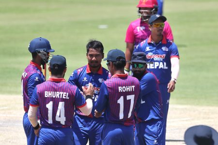 Lalit Narayan Rajbanshi of Nepal celebrates the wicket of  Syed Haider of United Arab Emirates during the ACC Men's Premier Cup 2024 1st Semi-Final match between Nepal and United Arab Emirates held at the Al Amerat Cricket Ground Oman Cricket (Turf 1), Oman on April 19, 2024.

Photo by: Pankaj Nangia / Creimas / Asian Cricket Council

RESTRICTED TO EDITORIAL USE