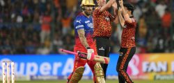 Pat Cummins (c) of Sunrisers Hyderabad celebrates the wicket of Faf Du Plessis (c) of Royal Challengers Bangalore  during match 30 of the Indian Premier League season 17 (IPL 2024) between Royal Challengers Bangalore and Sunrisers Hyderabad held at the M.Chinnaswamy Stadium, Bengaluru on the 15th April  2024.

Photo by Faheem Hussain/ Sportzpics for IPL