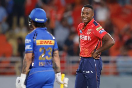 Kagiso Rabada of Punjab Kings celebrates the wicket of  Ishan Kishan of Mumbai Indians during match 33 of the Indian Premier League season 17 (IPL 2024) between Punjab Kings  and Mumbai Indians held at the Maharaja Yadavindra Singh International Cricket Stadium, Mullanpur on the 18th April 2024.

Photo by Deepak Malik / Sportzpics for IPL