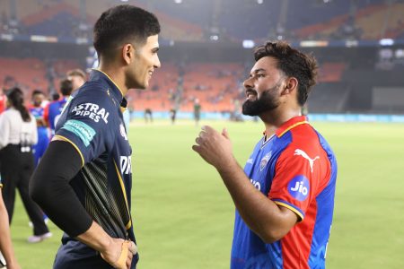 Shubman Gill (c) of Gujarat Titans & Rishabh Pant (c) of Delhi Capitals post match 32 of the Indian Premier League season 17 (IPL 2024) between Gujarat Titans and Delhi Capitals  held at the Narendra Modi Stadium ,  Ahmedabad on the 17th April 2024.

Photo by Pratik Khot / Sportzpics for IPL