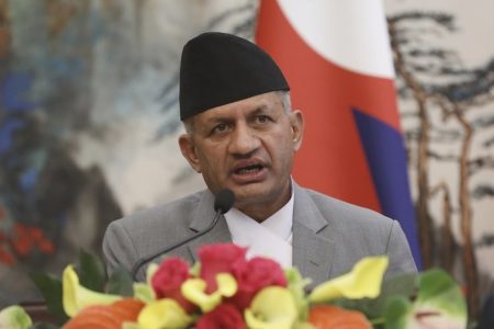 epa06676163 Nepalese Foreign Minister Pradeep Kumar Gyawali speaks during a joint press conference with Chinese Foreign Minister and State Counselor Wang Yi (not pictured) at the Diaoyutai State Guesthouse in Beijing, China, 18 April 2018.  EPA/WU HONG