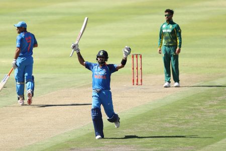 Virat Kohli (captain) of India celebrates his century during the 3rd One Day International match between South Africa and India held at the Newlands Cricket Ground in Cape Town, South Africa on the 7th February 2018

Photo by: Ron Gaunt / BCCI / SPORTZPICS