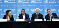 (from L to R)-: Dr. Maria D Van Kerkhove, Head AI Emerging Diseases and Zoonoses Unit, World Health Organization (WHO) Director-General Tedros Adhanom Ghebreyesus, Professor Didier Houssin, Chair of the Emergency Committee, and WHO health emergencies programme Michael Ryan sit together for a  press conference following an emergency committee meeting over new SARS-like virus spreading in China and other nations, in Geneva on January 22, 2020. - The coronavirus has sparked alarm because of its similarity to the outbreak of SARS (Severe Acute Respiratory Syndrome) that killed nearly 650 people across mainland China and Hong Kong in 2002-03. (Photo by PIERRE ALBOUY / AFP) (Photo by PIERRE ALBOUY/AFP via Getty Images)