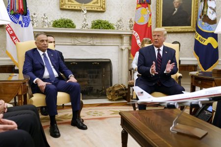 President Donald Trump meets with Iraqi Prime Minister Mustafa al-Kadhimi in the Oval Office of the White House, Thursday, Aug. 20, 2020, in Washington. (AP Photo/Patrick Semansky)