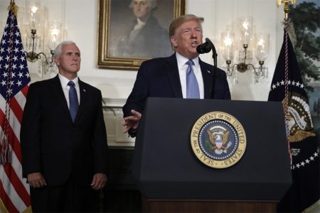 President Donald Trump speaks about the mass shootings in El Paso, Texas and Dayton, Ohio, in the Diplomatic Reception Room of the White House, Monday, Aug. 5, 2019, in Washington. (AP Photo/Evan Vucci)