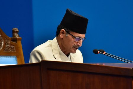 Speaker of the House of Representatives Agni Prasad Sapkota beginning the House of Representatives meeting in Kathmandu, Nepal on Saturday, February 15, 2020. (Photo by Narayan Maharjan/NurPhoto via Getty Images)