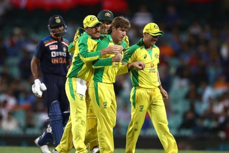 SYDNEY, AUSTRALIA - NOVEMBER 27: Adam Zampa of Australia celebrates after taking the wicket of Shikhar Dhawan of India during game one of the One Day International series between Australia and India at Sydney Cricket Ground on November 27, 2020 in Sydney, Australia. (Photo by Ryan Pierse/Getty Images)